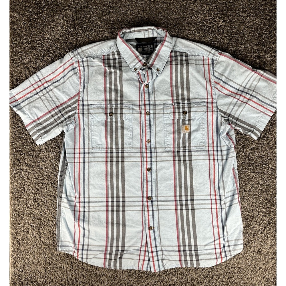 Carhartt Men's Large Loose Fit Plaid Blue Multicolor SS Button Down Shirt